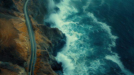Scenic Coastal Highway Aerial Vie, road adventure, path to discovery, holliday trip, Aerial view - obrazy, fototapety, plakaty
