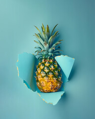 A pineapple on a sea blue background, exotic summer fruit 