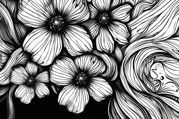 Vector abstract graphic with flowers black and white