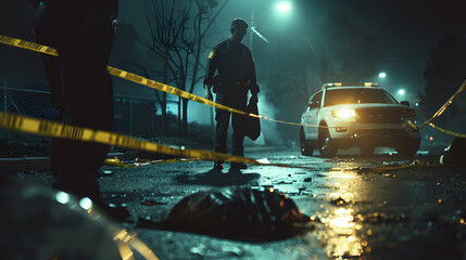 Police officer in search of a crime scene at night, conceptual image - obrazy, fototapety, plakaty
