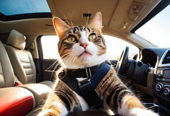 Cat in car with safety belt. Safe transport of animals