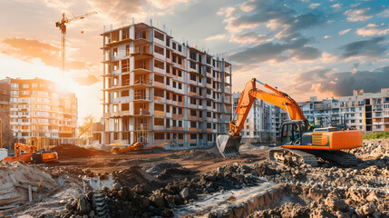 excavator at work on construction site with multi storey building under construction - obrazy, fototapety, plakaty