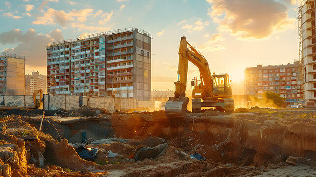 Excavator working at construction site with building under construction at sunset
