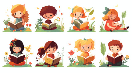 Adorable little boys and girls sitting and reading