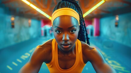 Vibrant Workout: Portrait of Young Woman in Yellow Gym Attire with Dreadlocks and Bandana