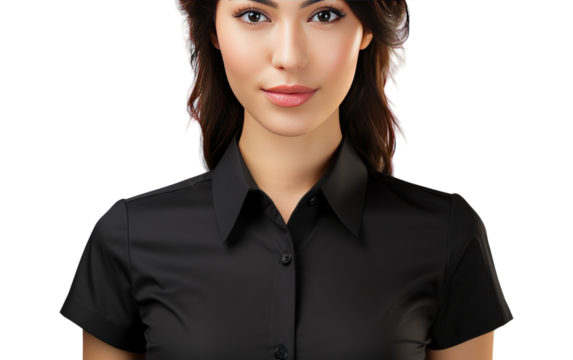 A stylish woman in a black shirt and hat strikes a pose in a mysterious setting