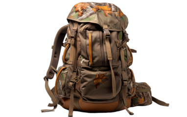 A backpack adorned with a camouflage pattern rests on the ground