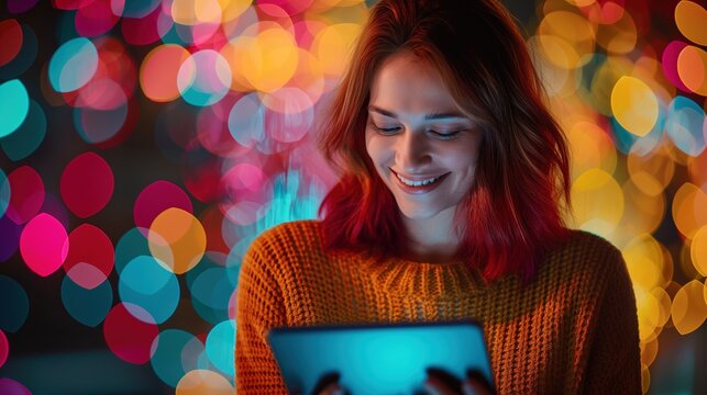 Vibrant Urban Professional: Woman with Tablet, Yellow Jumper, Red Dyed Hair, Night Lights Background