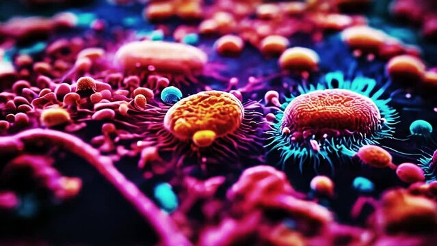 Close-up of a virus cell under microscope. Generative AI Video.