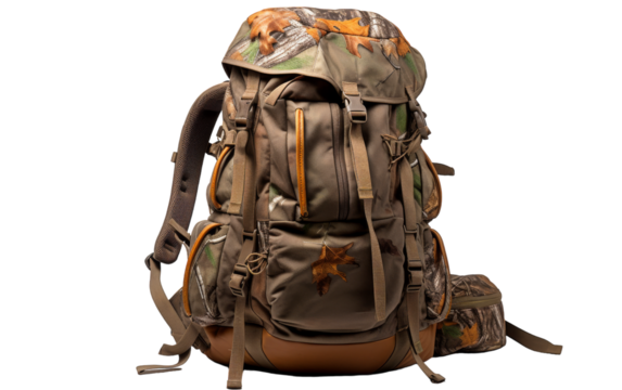 A backpack adorned with a camouflage pattern rests on the ground