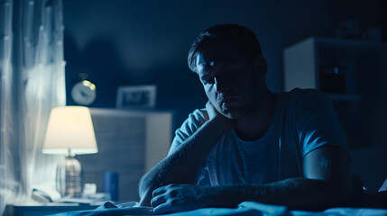 Young man suffering from insomnia sitting on bed at night in the dark