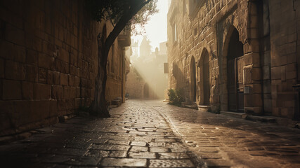 Empty street in Jerusalem. Morning in a medieval city. Roads and alleys. Biblical city. Real photo