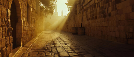 Obraz premium An empty street in the city of Jerusalem in the early morning. Sunlight eliminates the street and lights up the cobblestones.Biblical city. Real photo