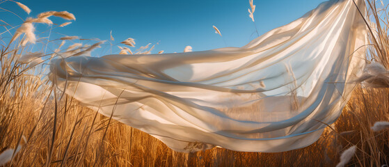A white translucent silk garment flowing in the wind. In the fields of ripe wheat, 