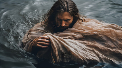 Jesus being baptized.. Man submerged in mideval times, hands and garments.
