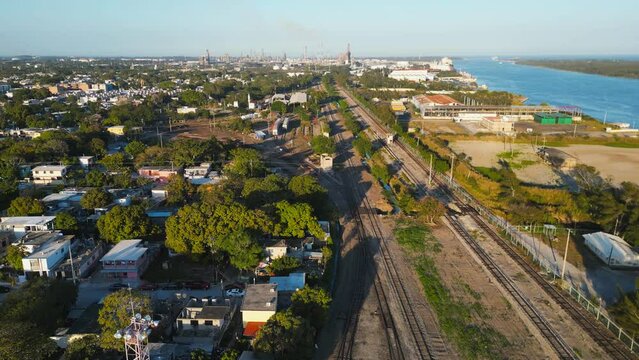 aerial view of carriages of a freight train in mexico