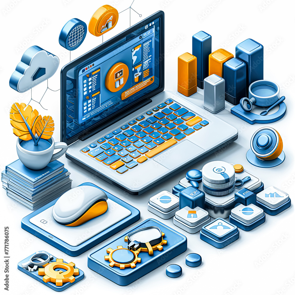 Poster a laptop with a mouse and a cup of coffee on a desk. the laptop is open to a screen with a lot of nu