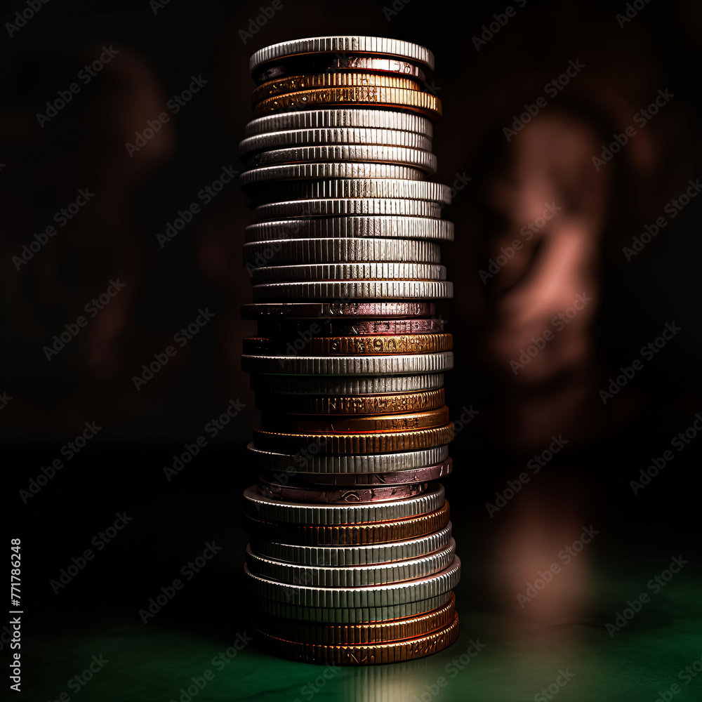 Poster a stack of coins with a woman's face in the background. the coins are of different sizes and colors,