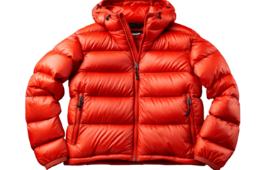 A red jacket with a hood, hanging on a wooden coat stand