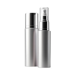 a silver material plastic cosmetic bottle with spray on Isolated transparent background png. generated with AI