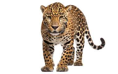 A large leopard gracefully walks across a blank white canvas