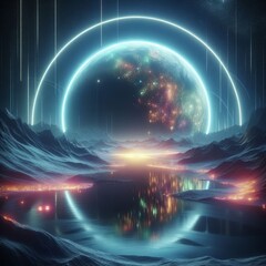 A futuristic landscape with a cold, mysterious planet in the distance, illuminated by neon lights. The scene is reflected in dark waters, with a galaxy stretching across the sky