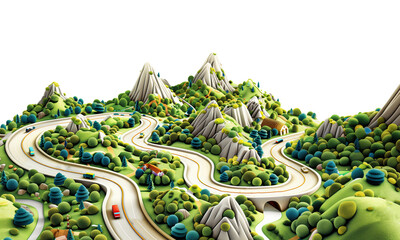 A gamified journey map in 3D, featuring mountains, valleys, and cars on the road. The map provides a dynamic and interactive representation of a journey, enhancing engagement and visual appeal.