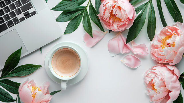 
top view of a desktop, a cup of coffee and peony flowers on a white background