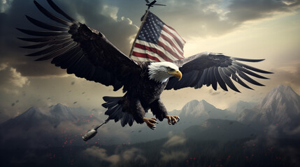 With wings outstretched, the eagle takes flight against the backdrop of the American flag, a symbol of freedom's enduring legacy. - obrazy, fototapety, plakaty