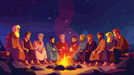 Fototapeta na wymiar Apostles group pentecost in the camp flat cartoon v