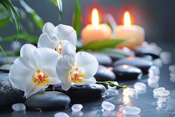 Obraz na płótnie Canvas White orchid and spa. Spa composition of white orchid with stone highlighted a candle flame