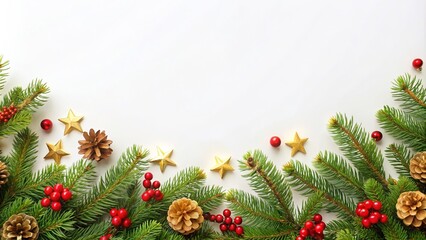 Fototapeta na wymiar Festive Christmas border, isolated on white background. Fir green branches are decorated with gold stars, fir cones and red berries, banner format.