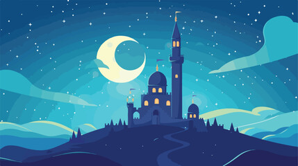 Arabic castle tower with moon flat cartoon vactor i - obrazy, fototapety, plakaty