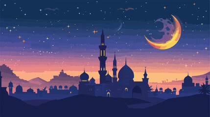 Arabic castle tower with moon flat cartoon vactor i - obrazy, fototapety, plakaty