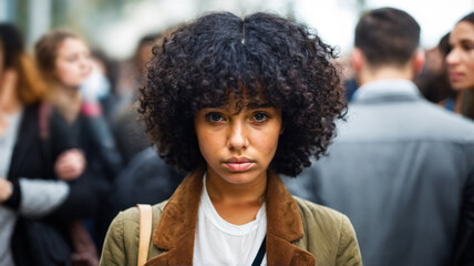 A young adult multi-ethnic dark-skinned woman crying in public among many people, ignored and invisible in the crowd, hurt feelings problem and worries, broken heart, being sad - obrazy, fototapety, plakaty