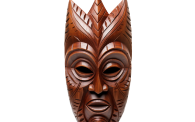 Intricate wooden mask delicately crafted, resting peacefully on a white background