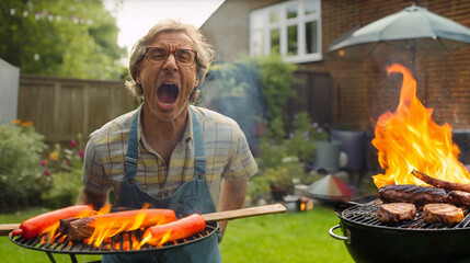 A Caucasian man in the garden of a family house in the summer while grilling, shouting and screaming and shouting, anger and problems and excitement, high flame on the grill, barbecue accident