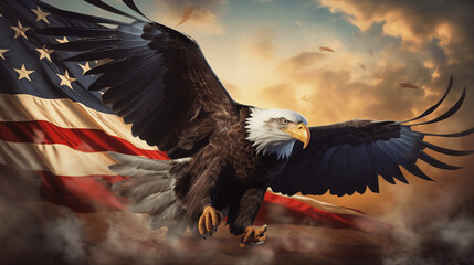 With wings poised for flight, the eagle stands as a symbol of hope and resilience against the backdrop of the American flag. - obrazy, fototapety, plakaty