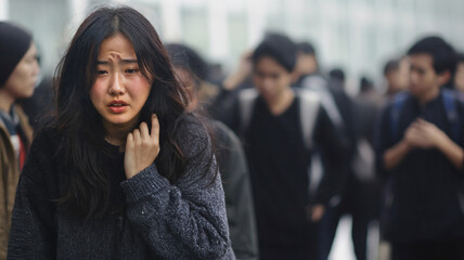 A young adult Asian woman or teenage girl, crying with tears and being horrified and having hurt feelings or problems and worries, depression and depressed, bursting into tears in public