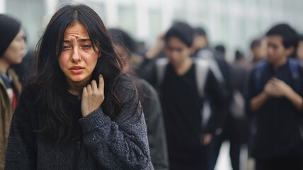 A young adult caucasian woman or teenage girl, crying with tears and being horrified and having hurt feelings or problems and worries, depression and depressed, bursting into tears in public