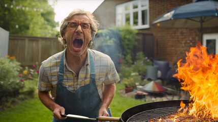 high flames while barbeque, mature man is screaming