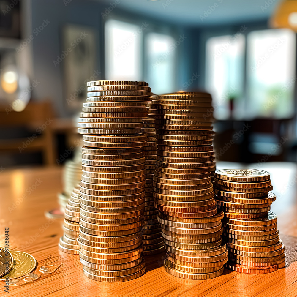Poster a stack of coins with a woman's face in the background. the coins are of different sizes and colors,