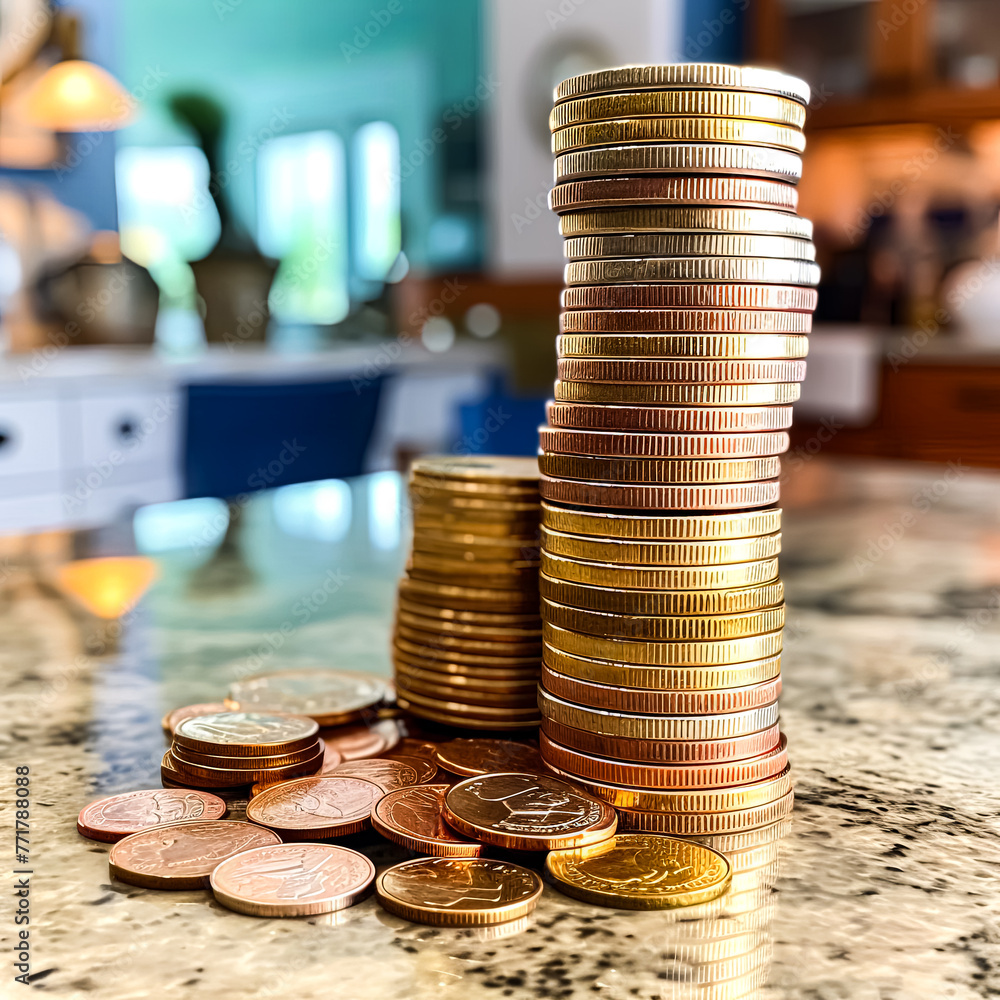 Poster a stack of coins with a woman's face in the background. the coins are of different sizes and colors,
