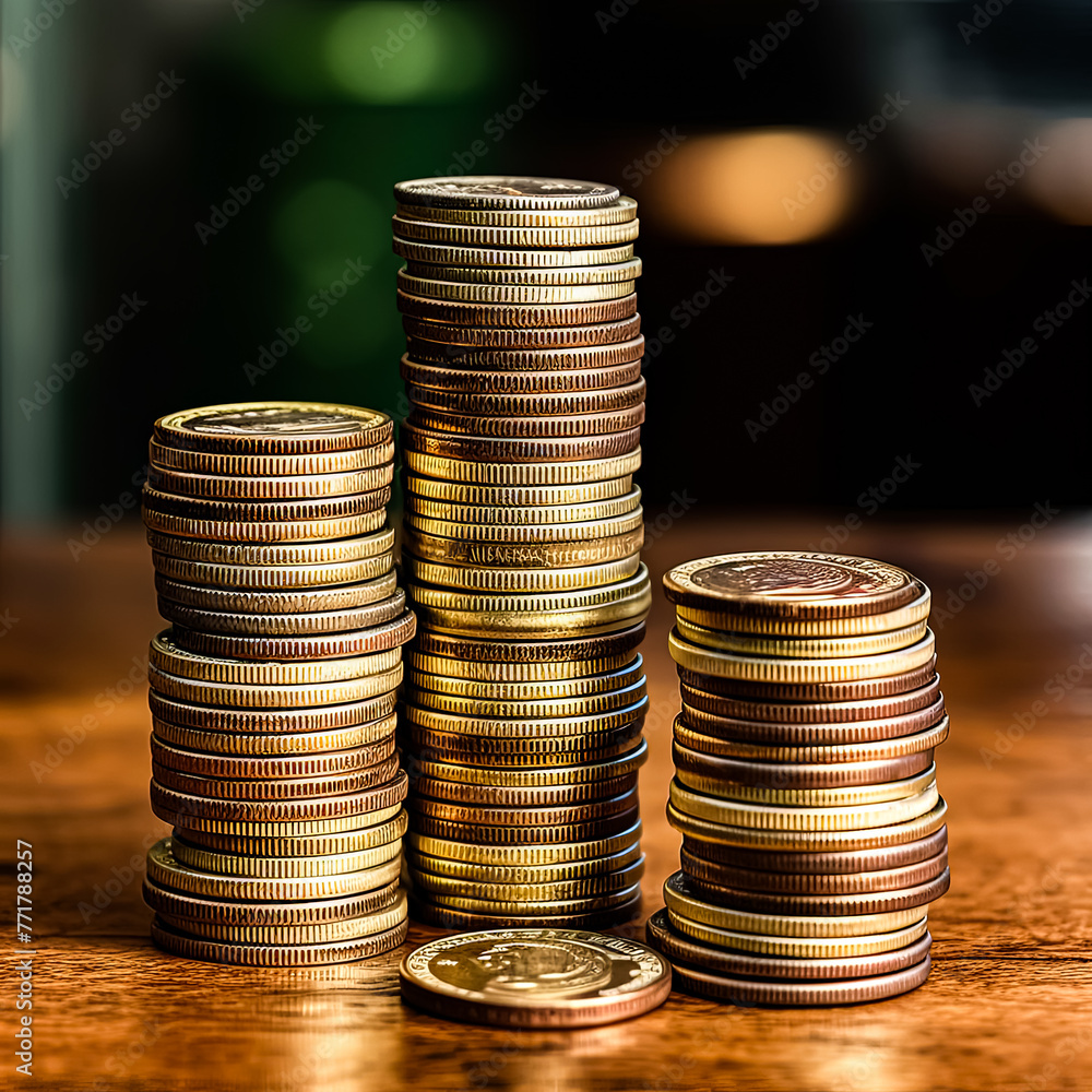Poster a stack of coins with a woman's face in the background. the coins are of different sizes and colors,