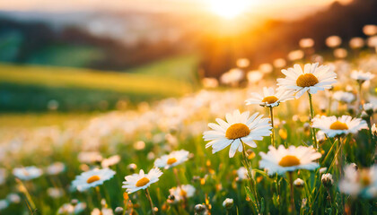 Golden Dawn: A Field of Daisies Illuminated by the Rising Sun - obrazy, fototapety, plakaty