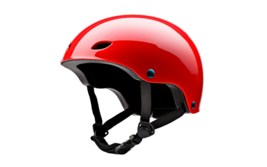 A vibrant red helmet resting majestically on a pristine white background