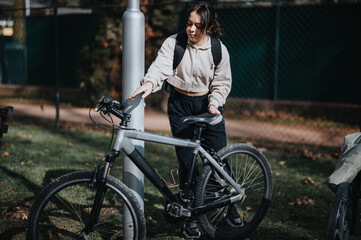 A joyful young woman rests with her bicycle in a park during the weekend, embodying a sense of freedom and relaxation.