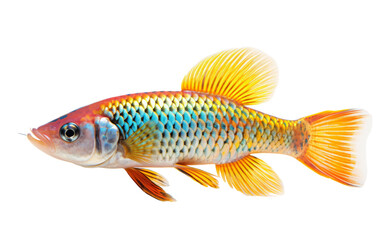 A striking yellow and blue fish gracefully swims in a serene white background