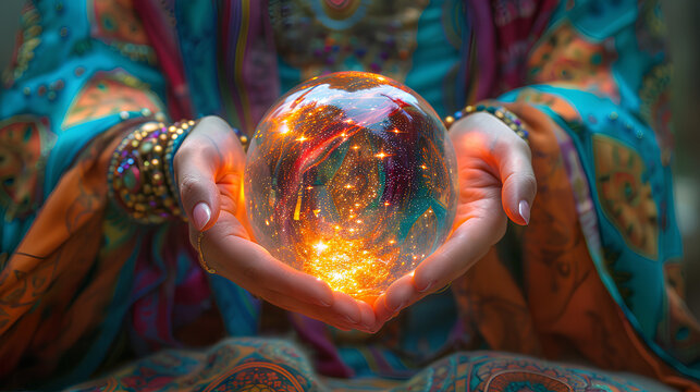 Hands of an female fortune teller around a crystal ball, Magic crystal ball in a hands on vintage ethnic backgrounds