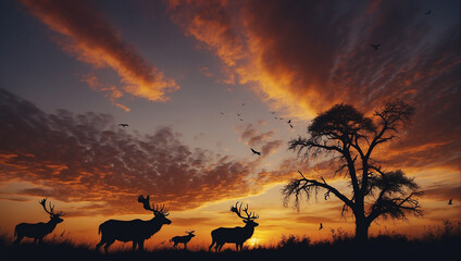 silhouette of a deer, deer in the sunset